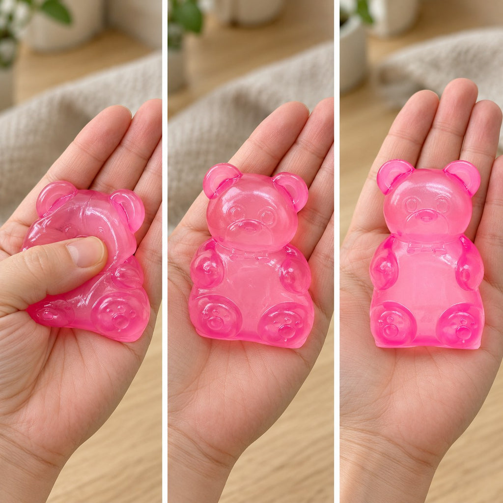 Gummy bear squishy (pink), squished flat, half risen and fully back in shape