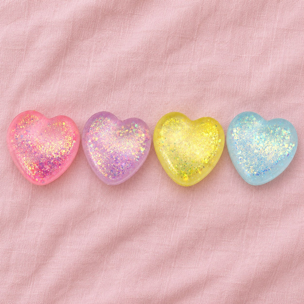 Glitter Heart Squishy, Maltose Style 6.7 cm, all colors side by side