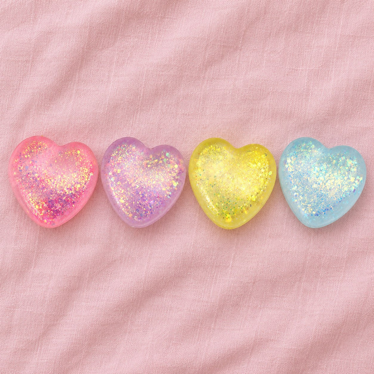 Glitter Heart Squishy, Maltose Style 6.7 cm, all colors side by side