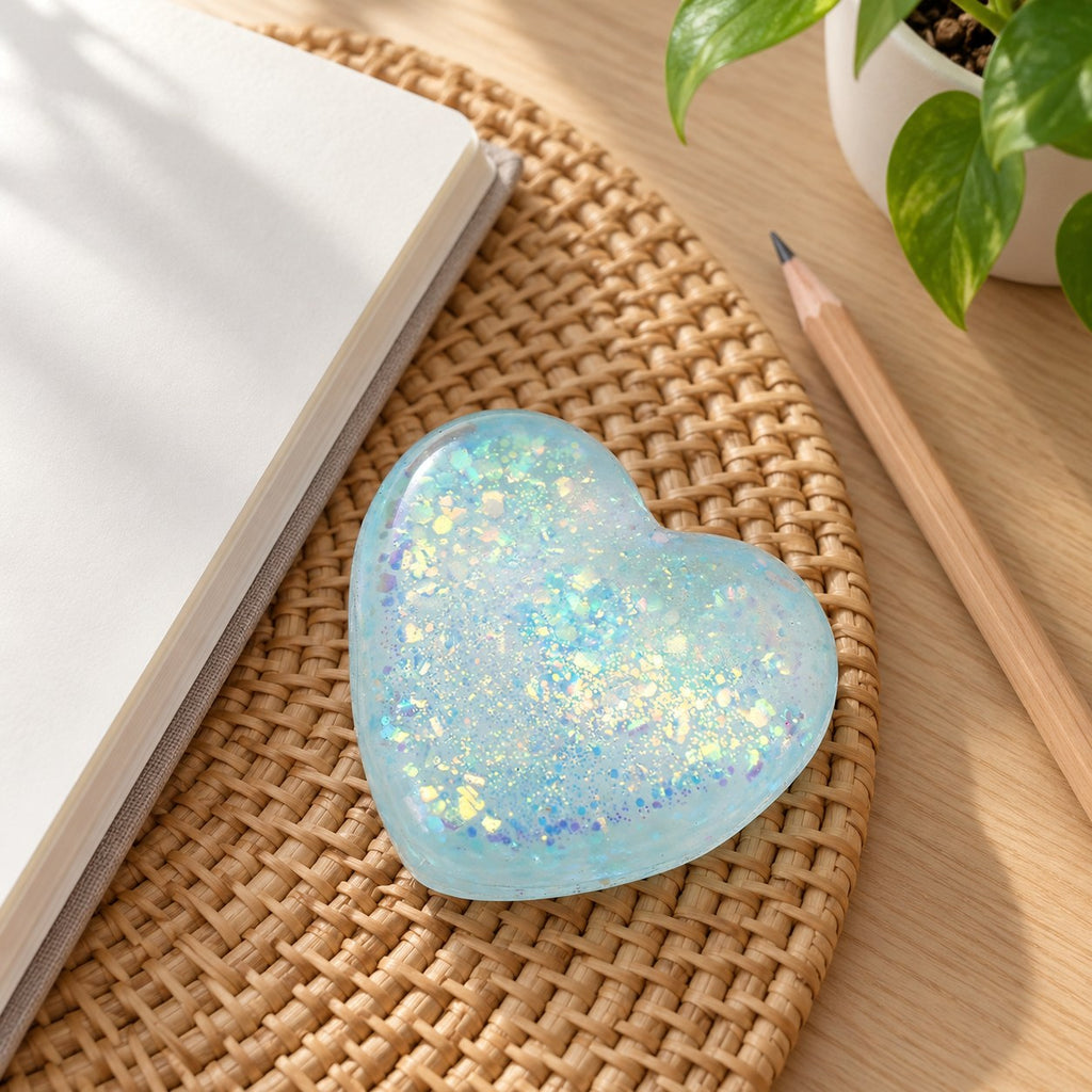 Glitter Heart Squishy, Maltose Style 6.7 cm (blue), on a desk with a notebook and pencil