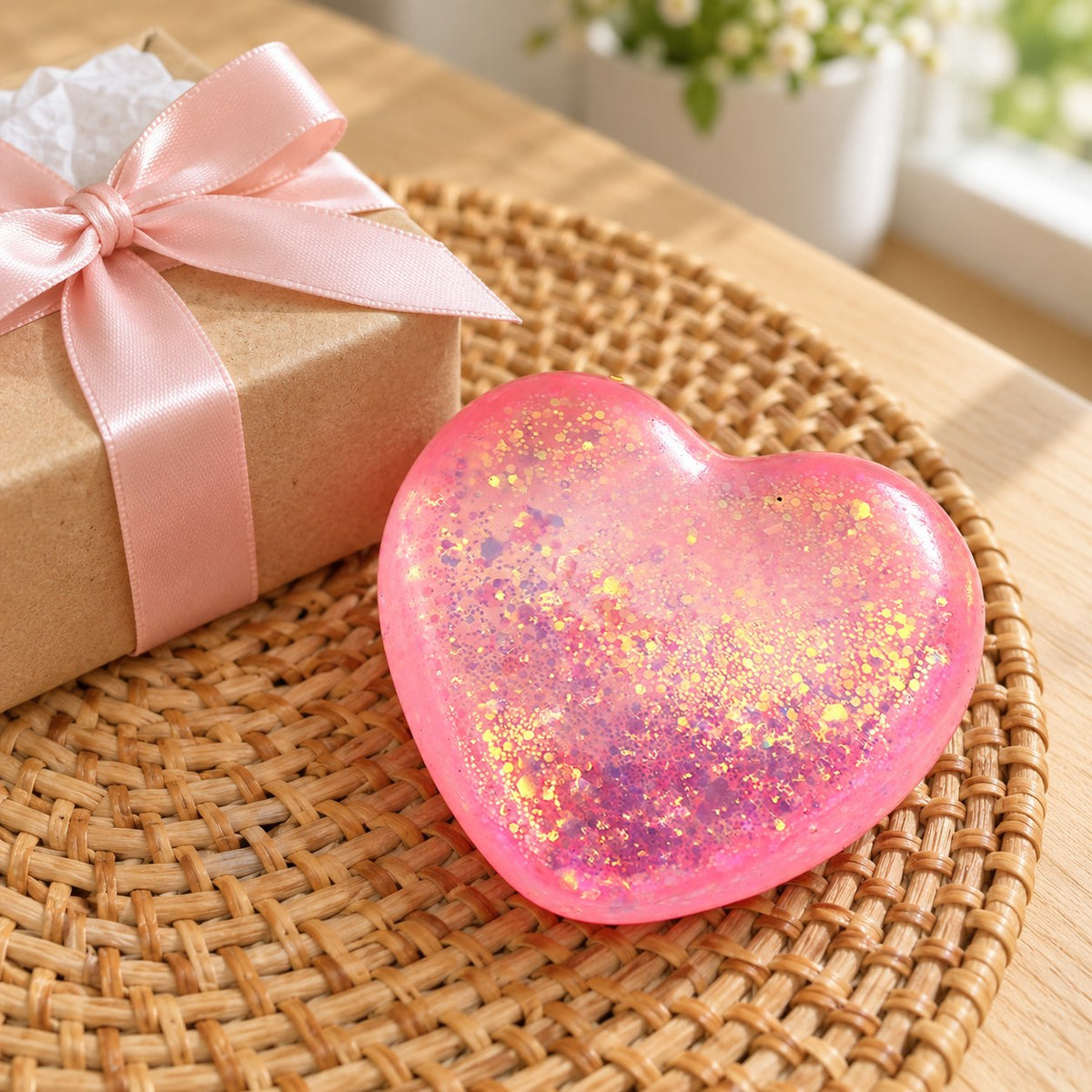 Glitter Heart Squishy, Maltose Style 6.7 cm (pink), as a small gift next to a wrapped box