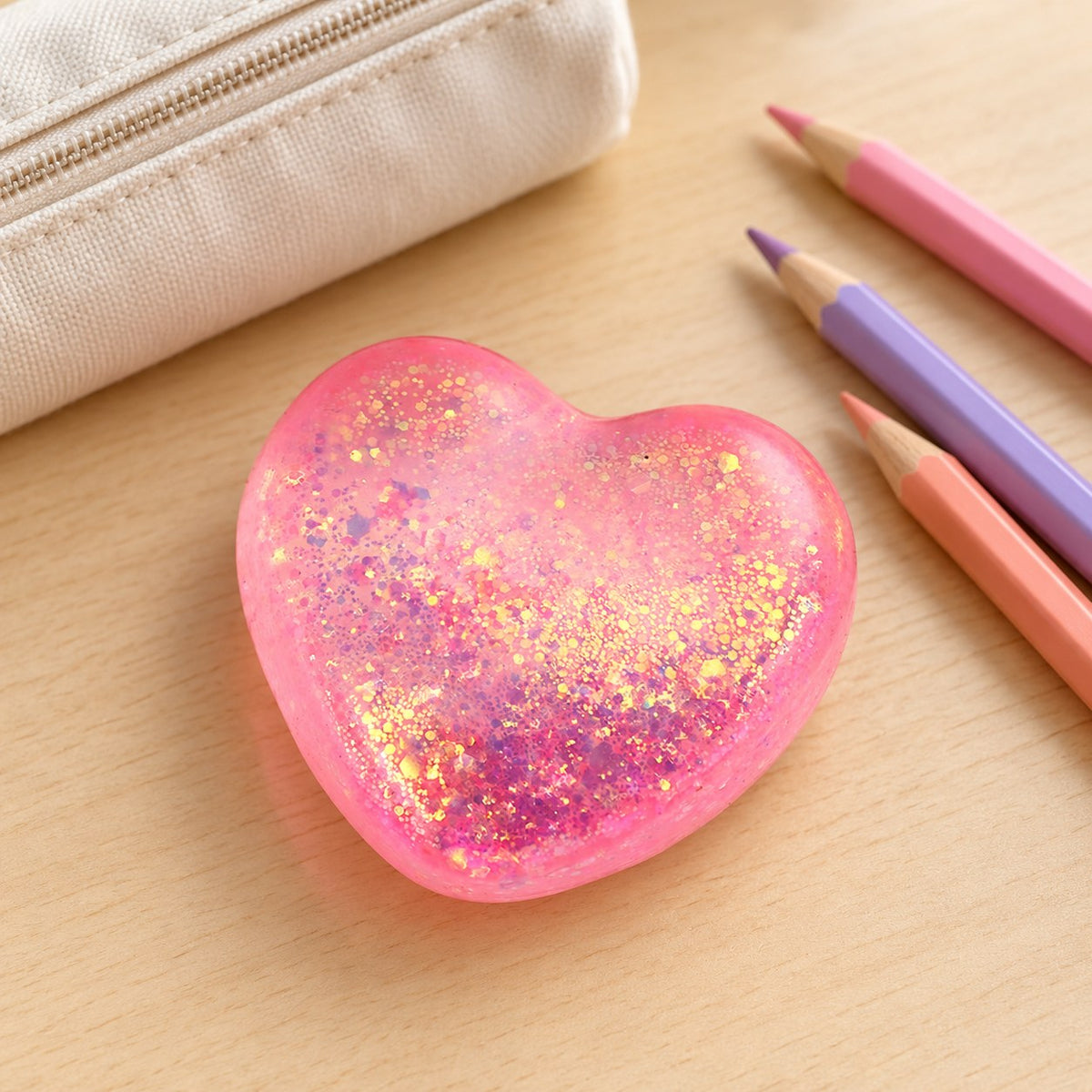 Glitter Heart Squishy, Maltose Style 6.7 cm (pink), on a school desk next to a pencil case