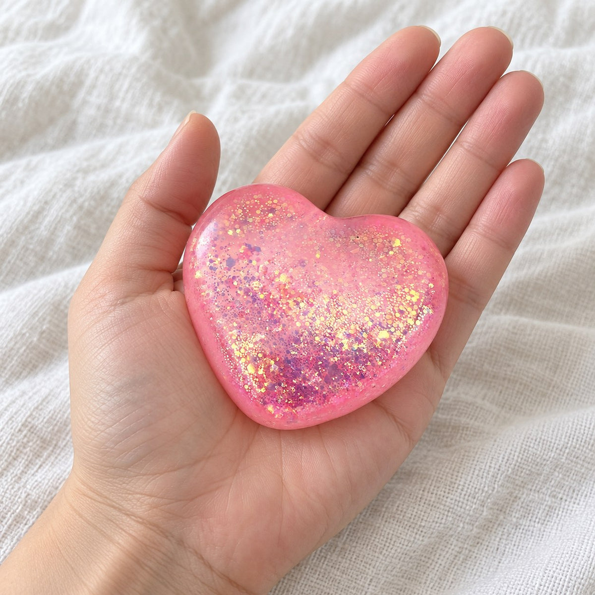 Glitter Heart Squishy, Maltose Style 6.7 cm (pink), held toward the camera, first-person view
