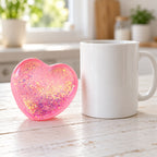 Glitter Heart Squishy, Maltose Style 6.7 cm (pink), next to a coffee mug for size comparison
