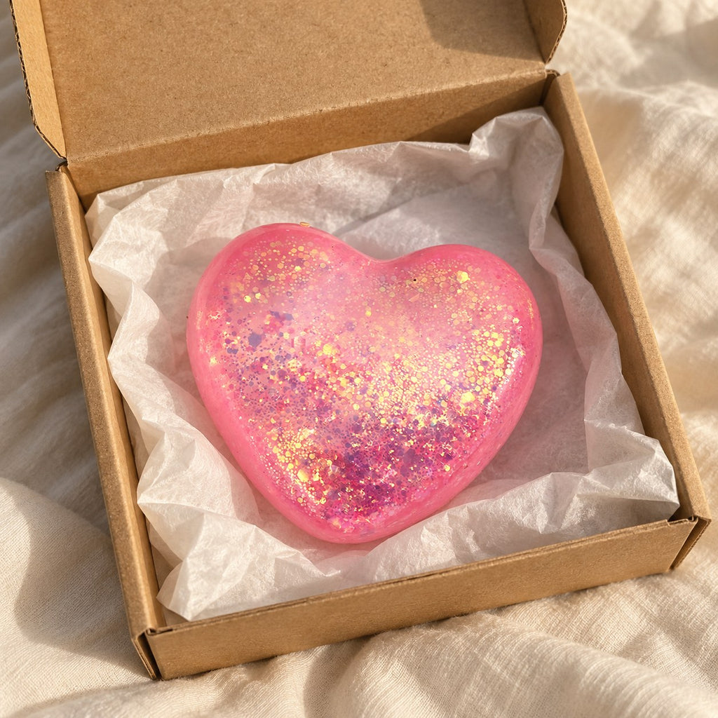 Glitter Heart Squishy, Maltose Style 6.7 cm (pink), unboxed from a parcel with tissue paper