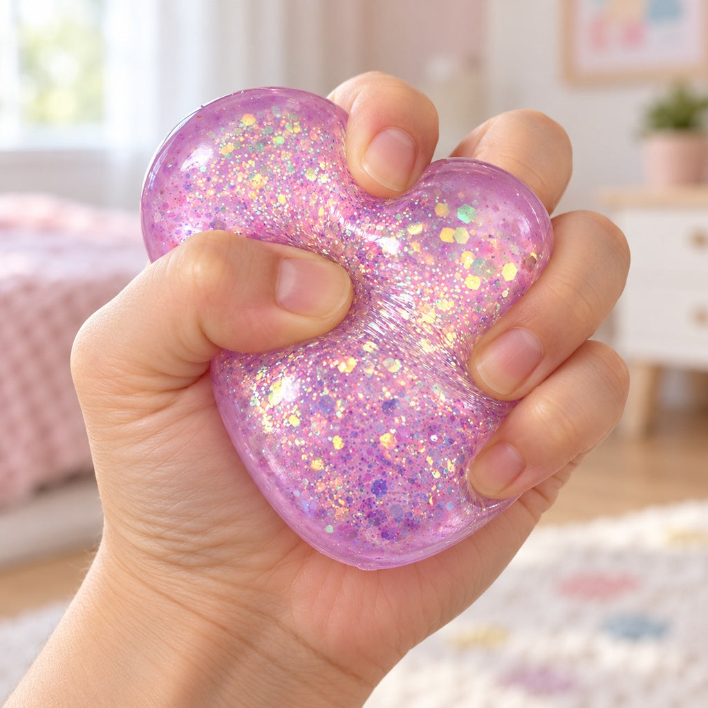 Glitter Heart Squishy, Maltose Style 6.7 cm (purple), being squeezed by hand, soft and squishy