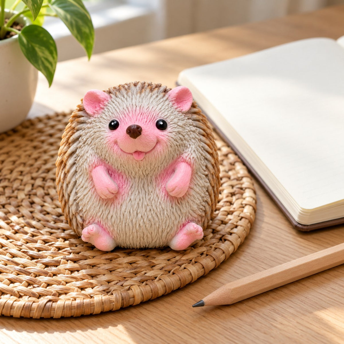 Hedgehog squishy soft, on a desk with a notebook and pencil