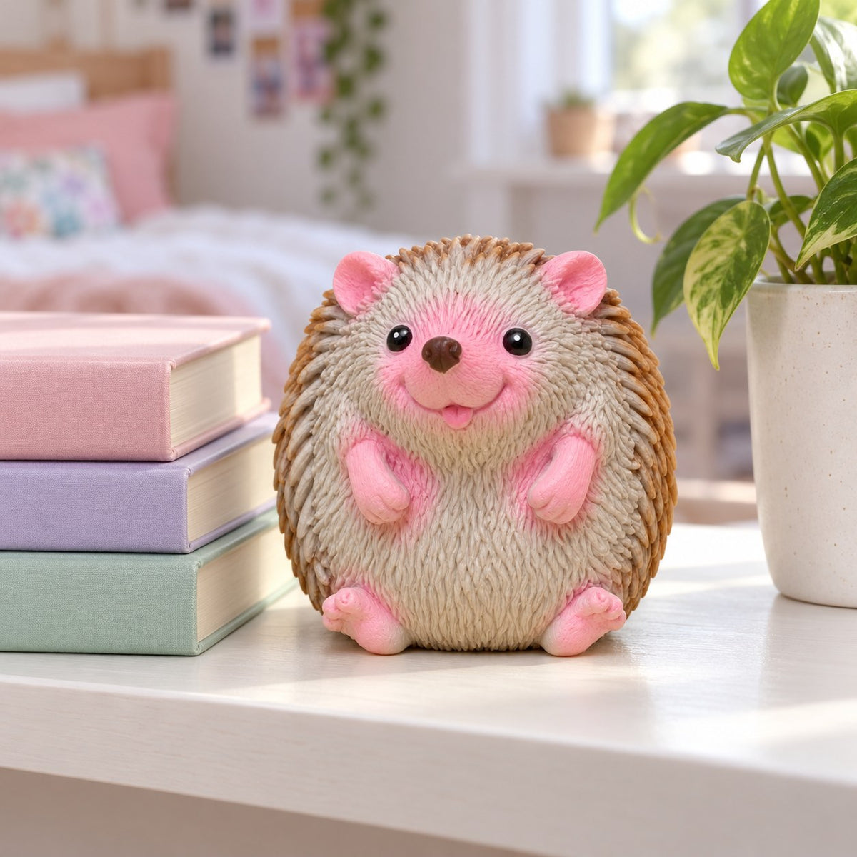 Hedgehog squishy kawaii, on a shelf with books and a plant as room decor