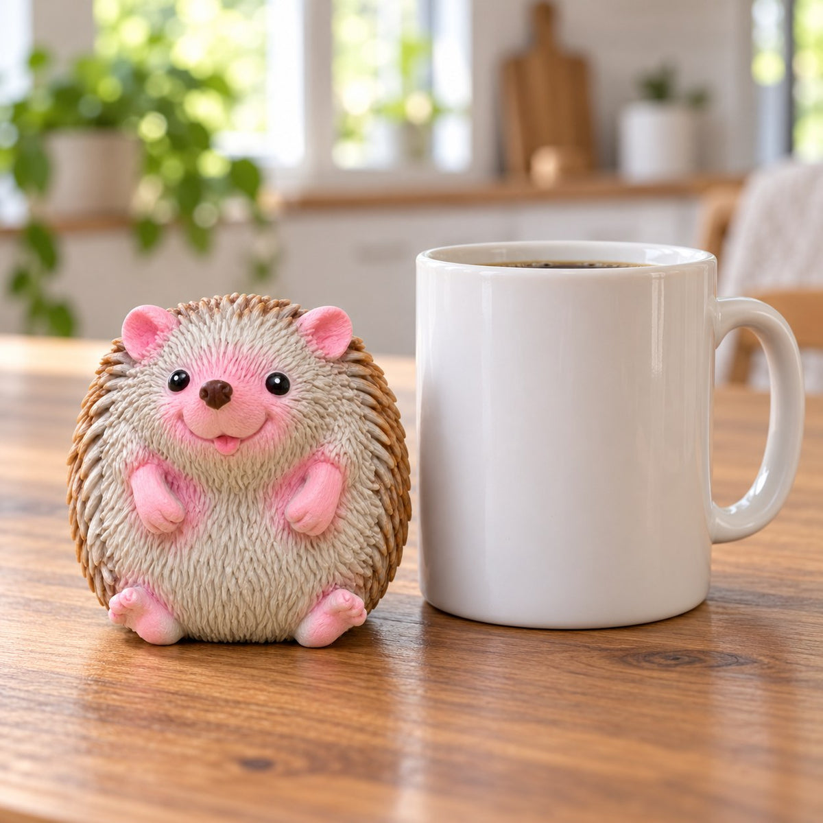 Hedgehog squishy soft, next to a coffee mug for size comparison