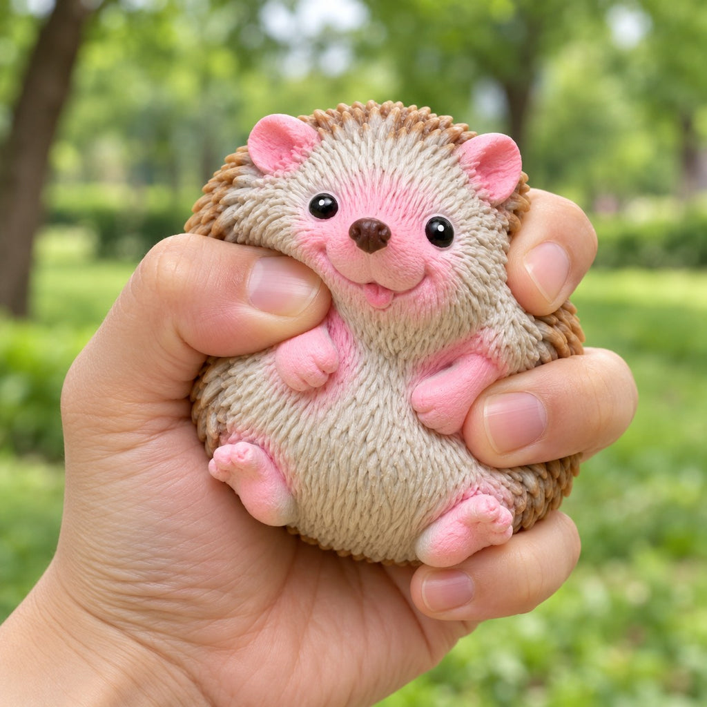 Hedgehog squishy kawaii, being squeezed by hand, soft and squishy