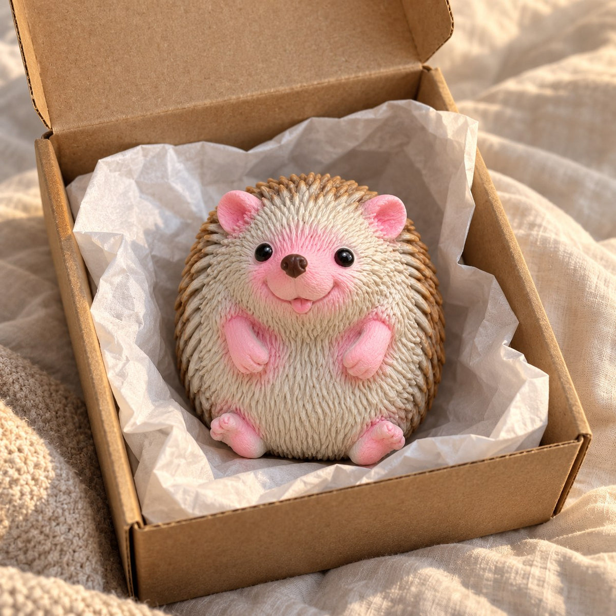 Hedgehog squishy kawaii, unboxed from a parcel with tissue paper