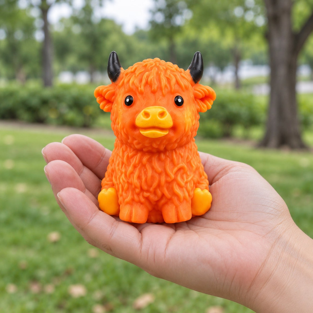 Highland cow squishy crunchy (Orange-brown), held in a hand to show the real size