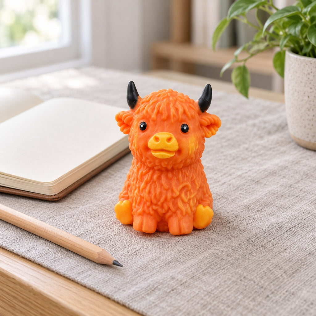 Highland cow squishy crunchy soft (Orange-brown), on a desk with a notebook and pencil