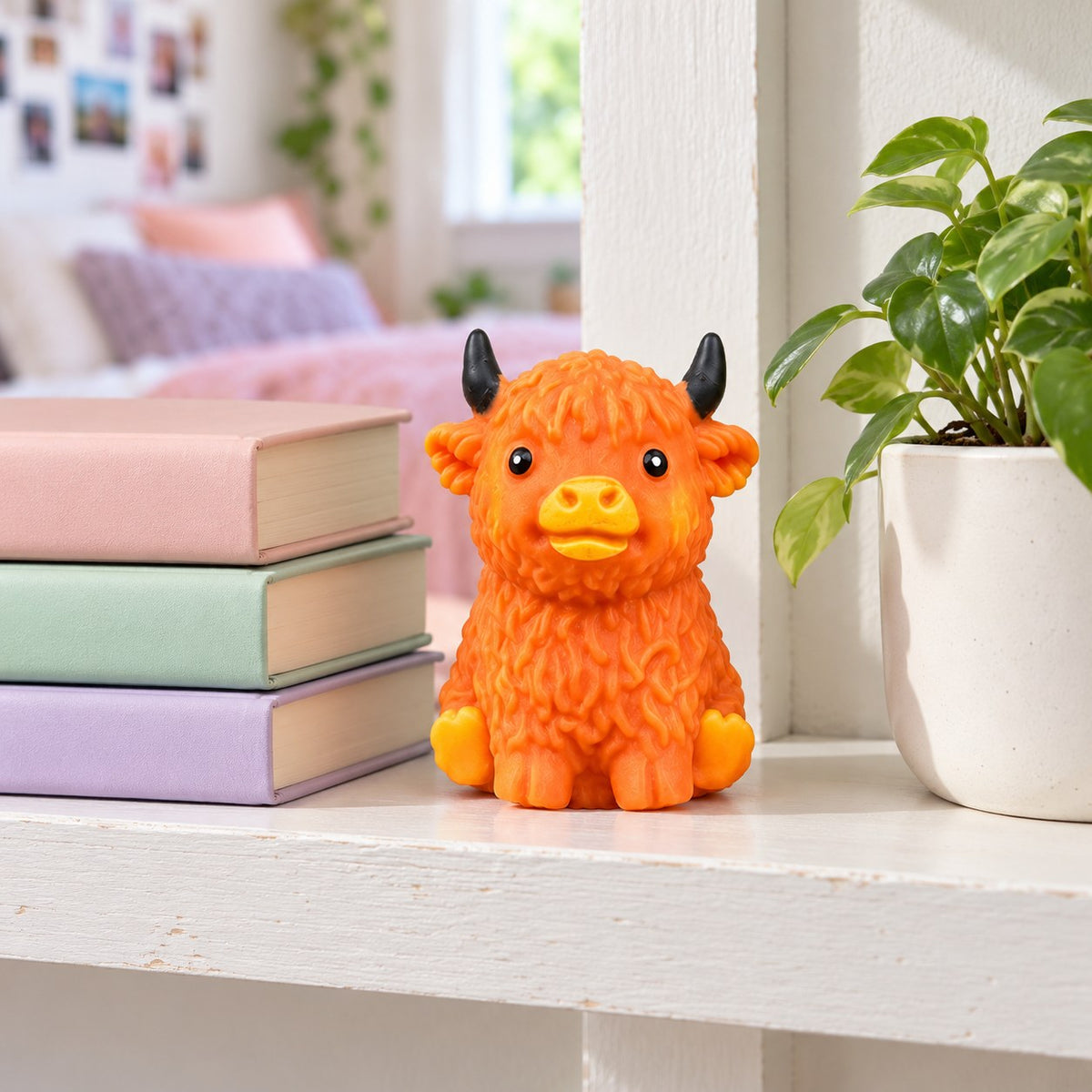 Highland cow squishy crunchy (Orange-brown), on a shelf with books and a plant as room decor