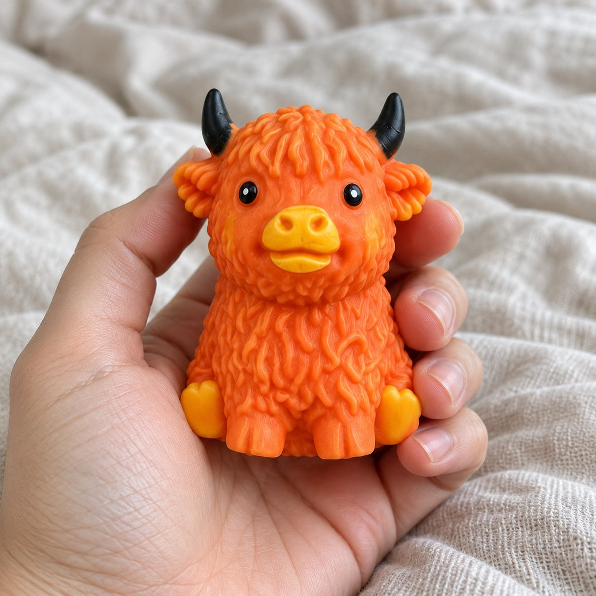 Highland cow squishy crunchy soft (Orange-brown), held toward the camera, first-person view