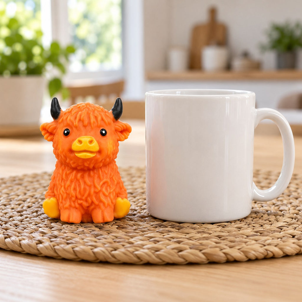 Highland cow squishy crunchy (Orange-brown), next to a coffee mug for size comparison