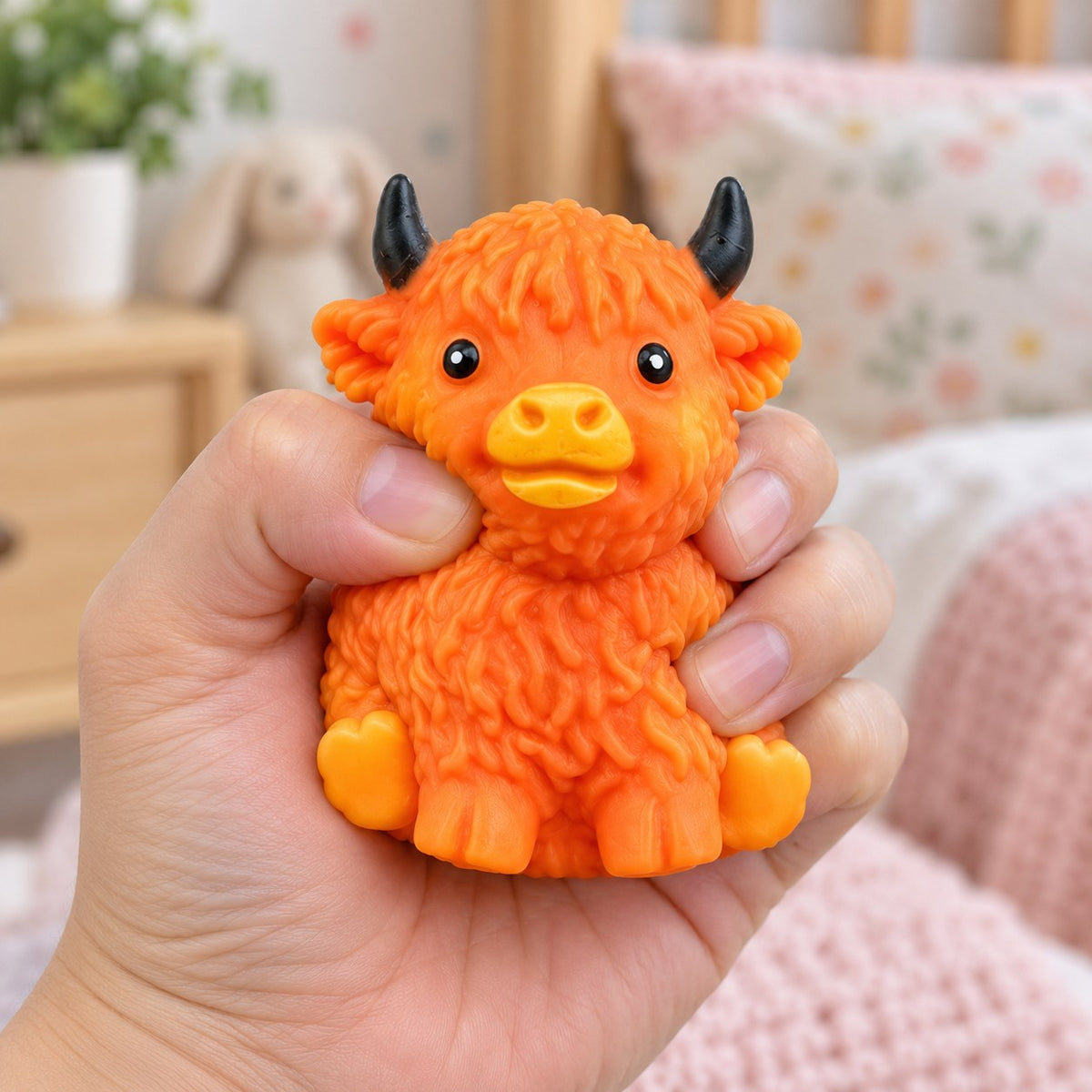 Highland cow squishy crunchy soft (Orange-brown), being squeezed by hand, soft and squishy