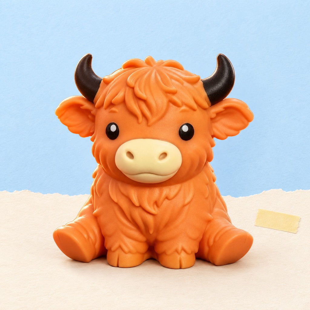 Highland cow squishy jumbo – Jumbo Highland Cow Squishy, Soft TPR (Orange), product photo on pastel paper