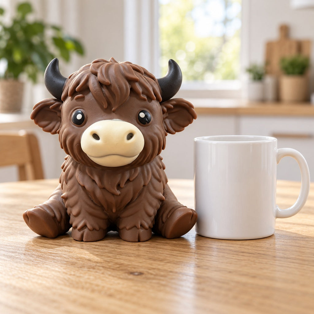 Jumbo Highland Cow Squishy, Soft TPR (brown), next to a coffee mug for size comparison