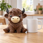 Jumbo Highland Cow Squishy, Soft TPR (brown), next to a coffee mug for size comparison