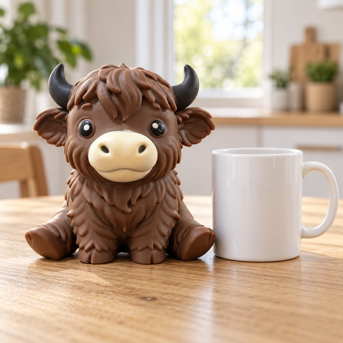 Jumbo Highland Cow Squishy, Soft TPR (brown), next to a coffee mug for size comparison