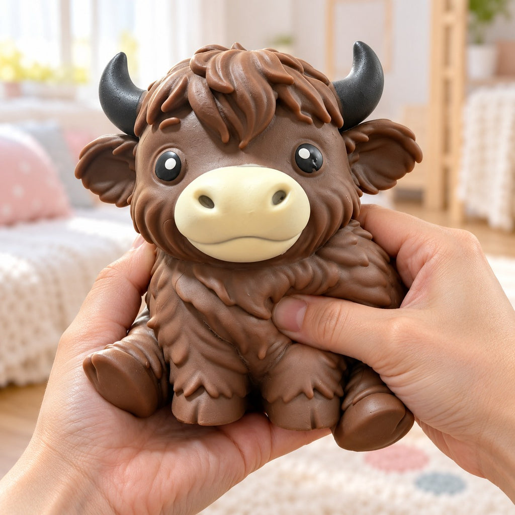 Highland cow squishy soft (brown), being squeezed by hand, soft and squishy