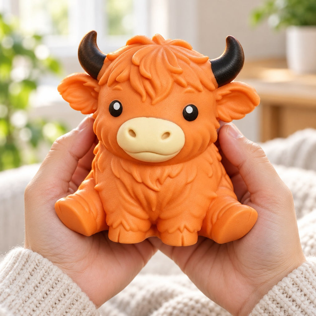 Jumbo Highland Cow Squishy, Soft TPR (orange), held in both hands to show the big size