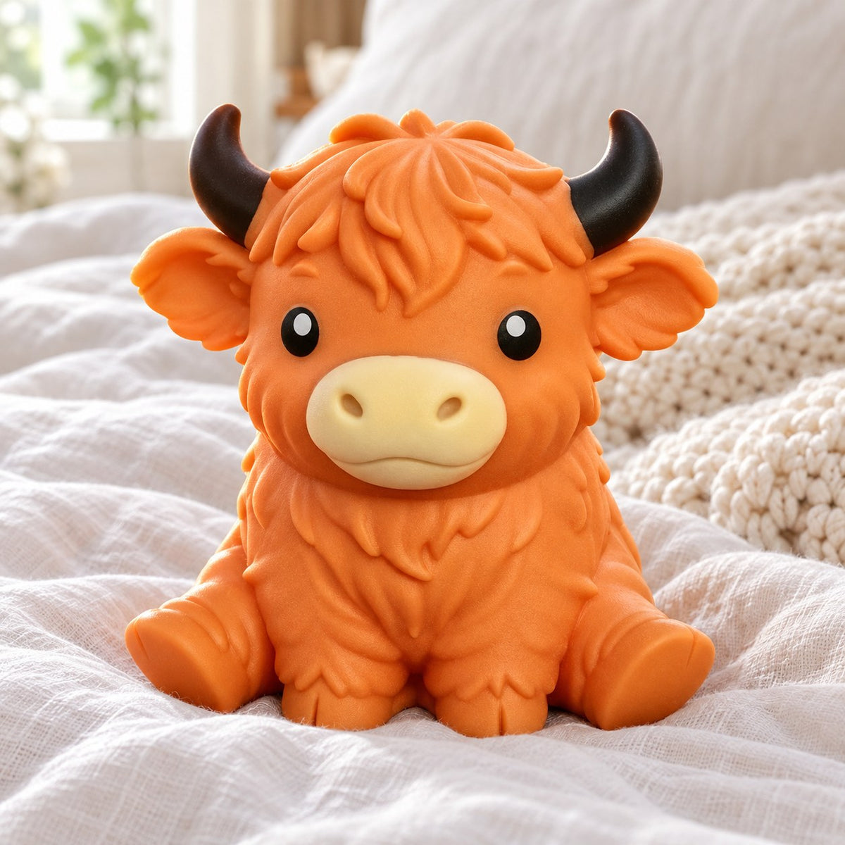 Highland cow squishy jumbo (orange), on a cozy bed with soft blankets