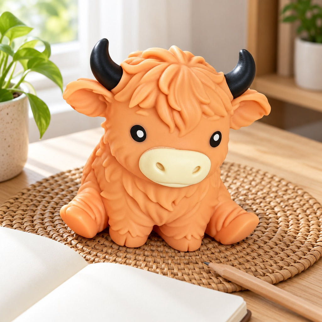 Highland cow squishy soft (orange), on a desk with a notebook and pencil