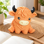 Highland cow squishy soft (orange), on a desk with a notebook and pencil