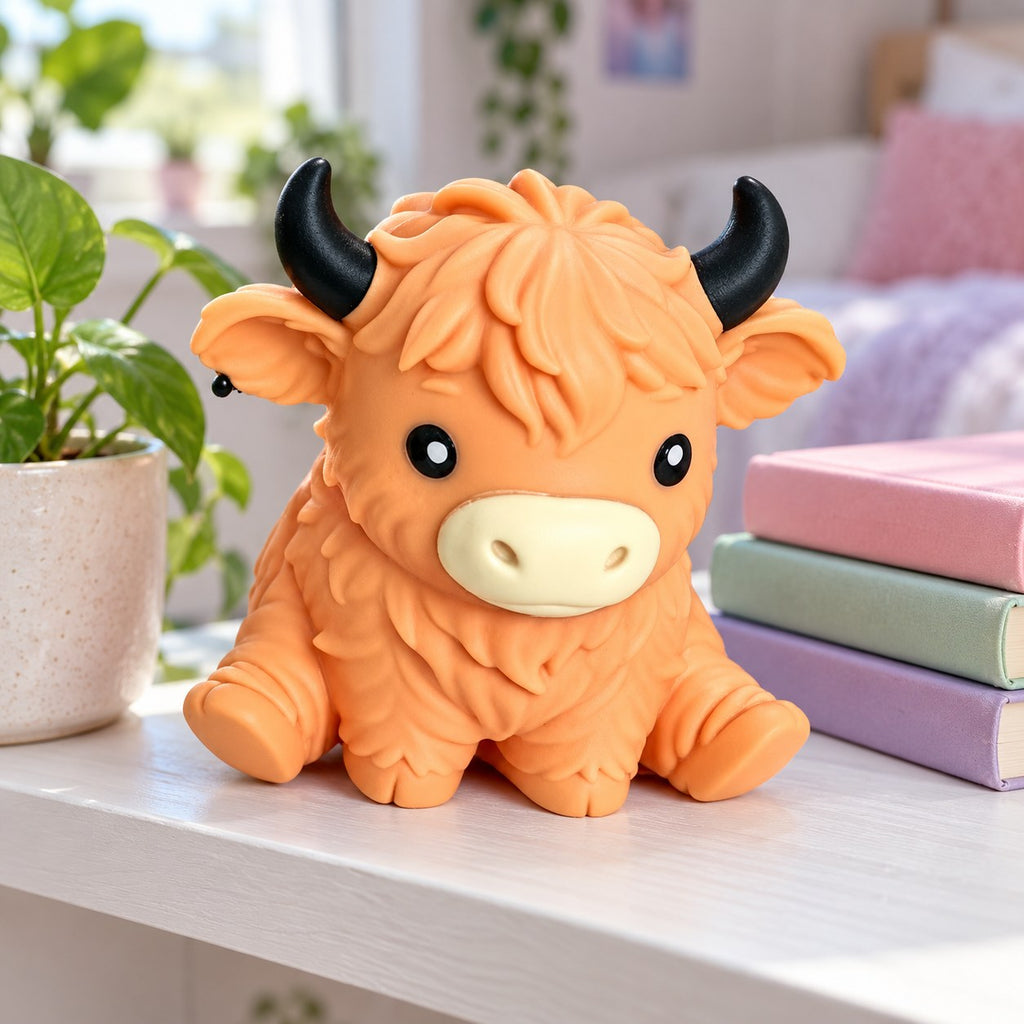 Jumbo Highland Cow Squishy, Soft TPR (orange), on a shelf with books and a plant as room decor