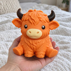Highland cow squishy jumbo (orange), held toward the camera, first-person view