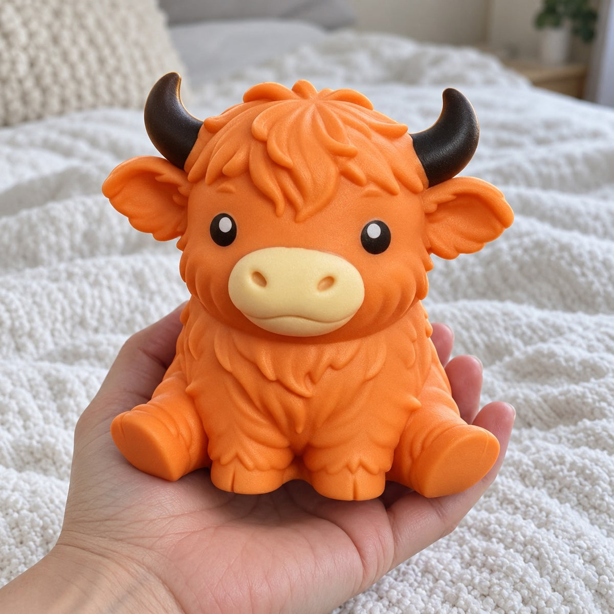Highland cow squishy jumbo (orange), held toward the camera, first-person view