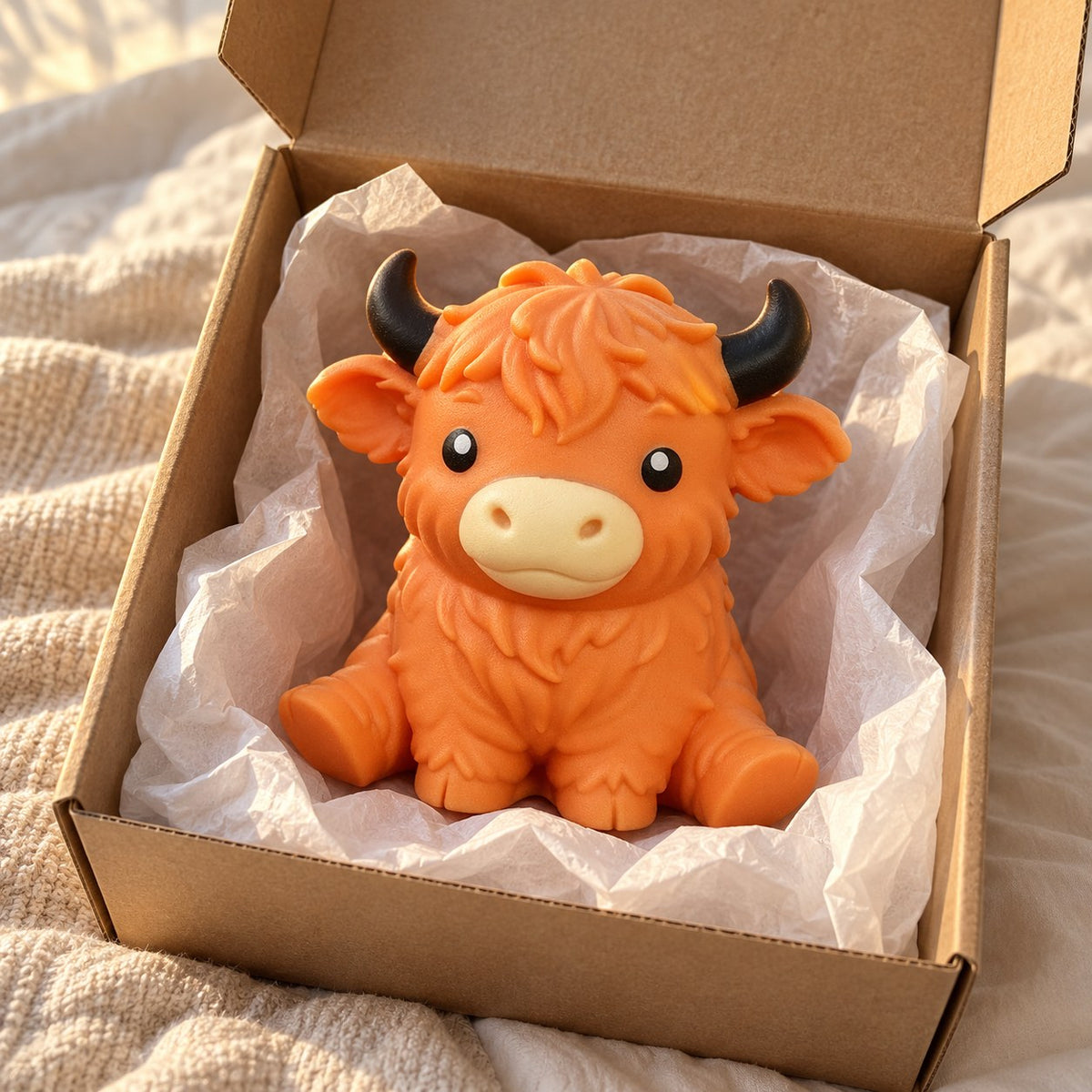 Highland cow squishy soft (orange), unboxed from a parcel with tissue paper