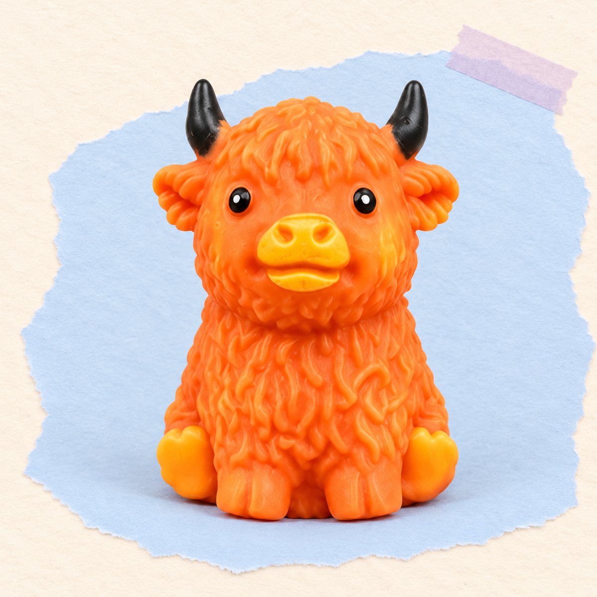 Orangebrun crunchy highland ko squishy med knarrande fyllning på pastellpapper