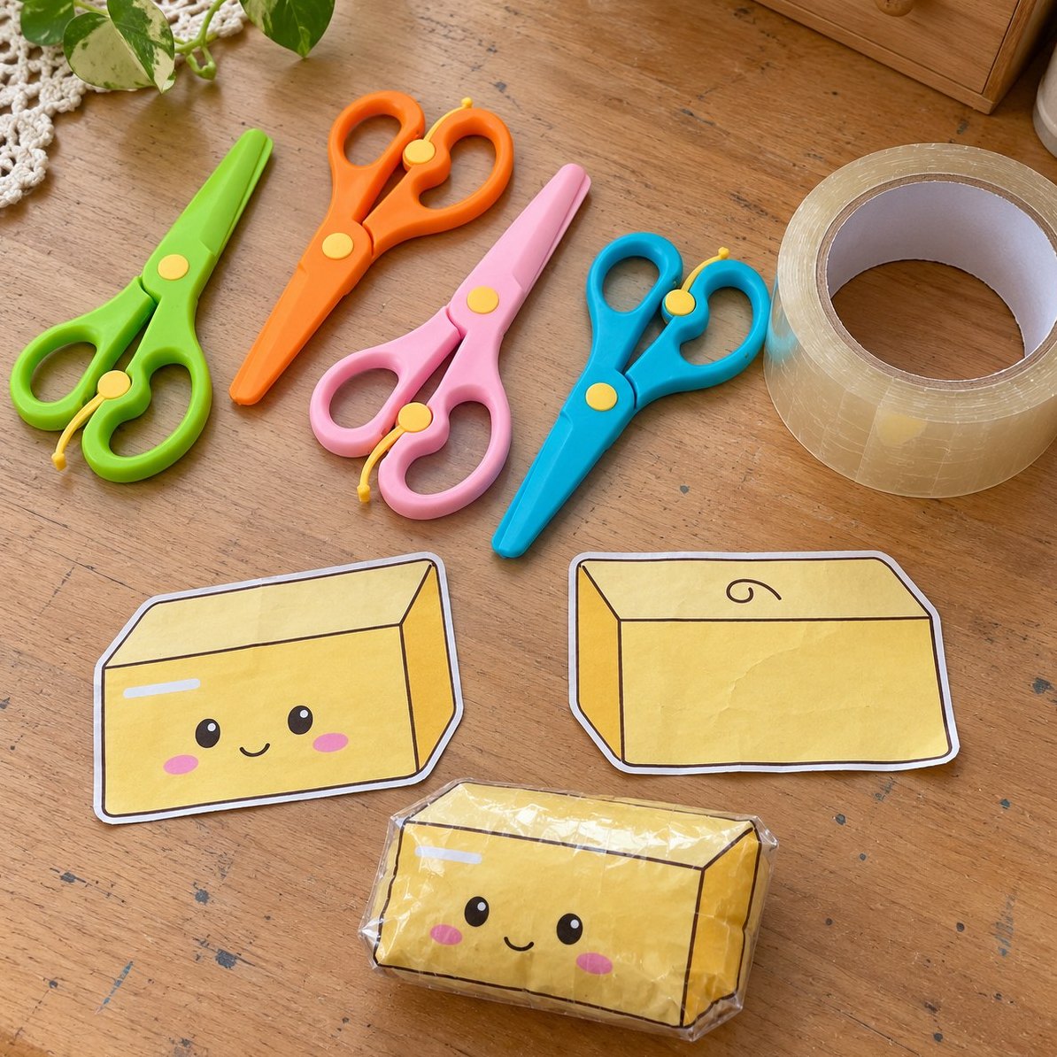 Hobbysaks squishy papir med udklippede skabeloner og en smør-squishy af papir