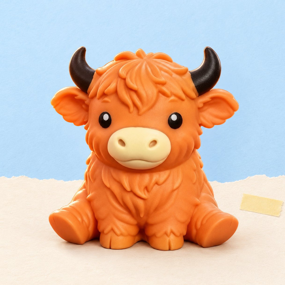 Hochlandrind Squishy Jumbo aus weichem TPR in Orange, Produktfoto auf Pastellpapier