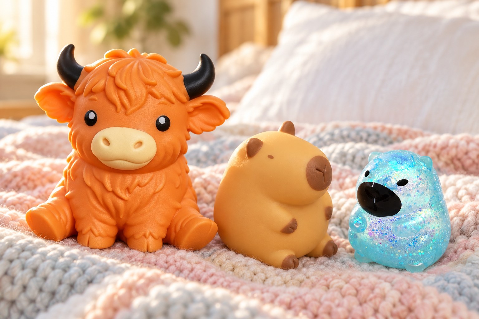 Squishy højlandsko i XXL og to capybara squishies på en seng med strikket tæppe i pastel