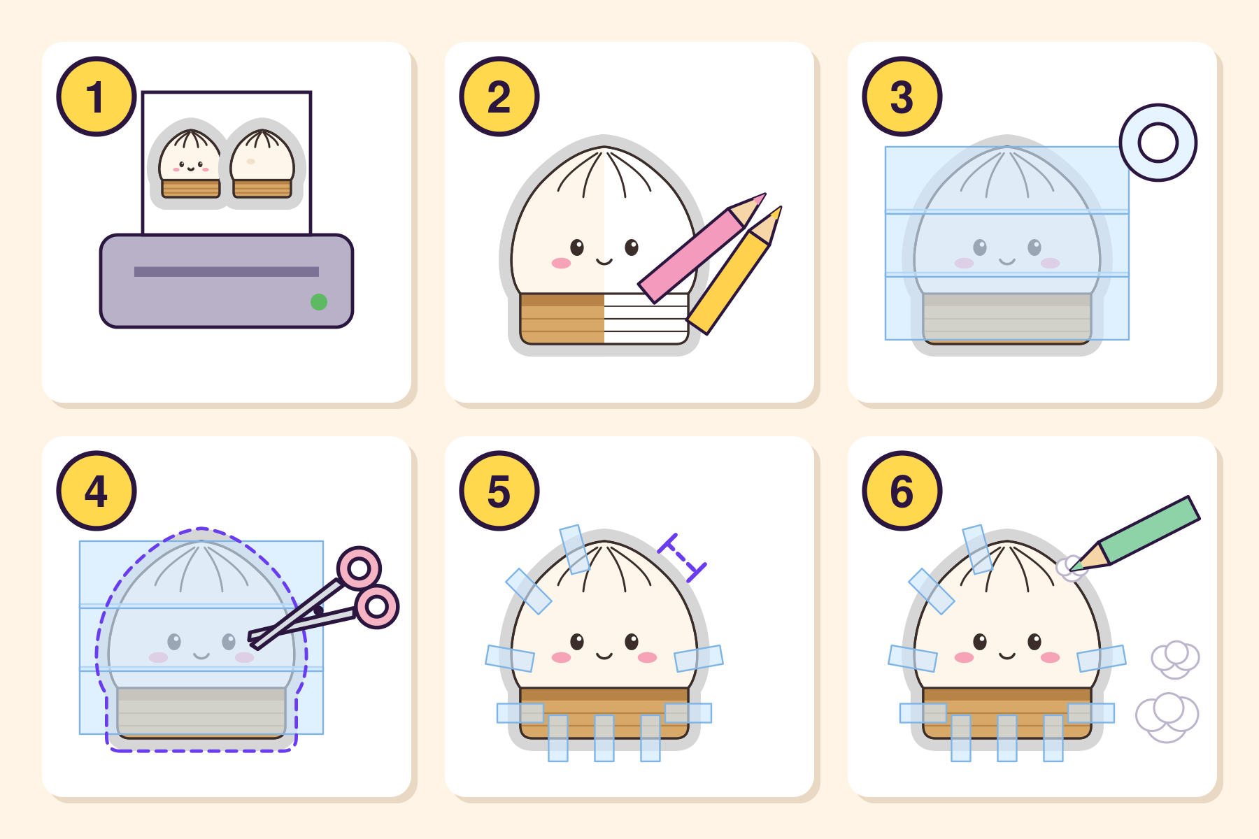 Six numbered steps for a paper squishy, print, colour, cover with tape, cut out, tape the edges with a gap, stuff