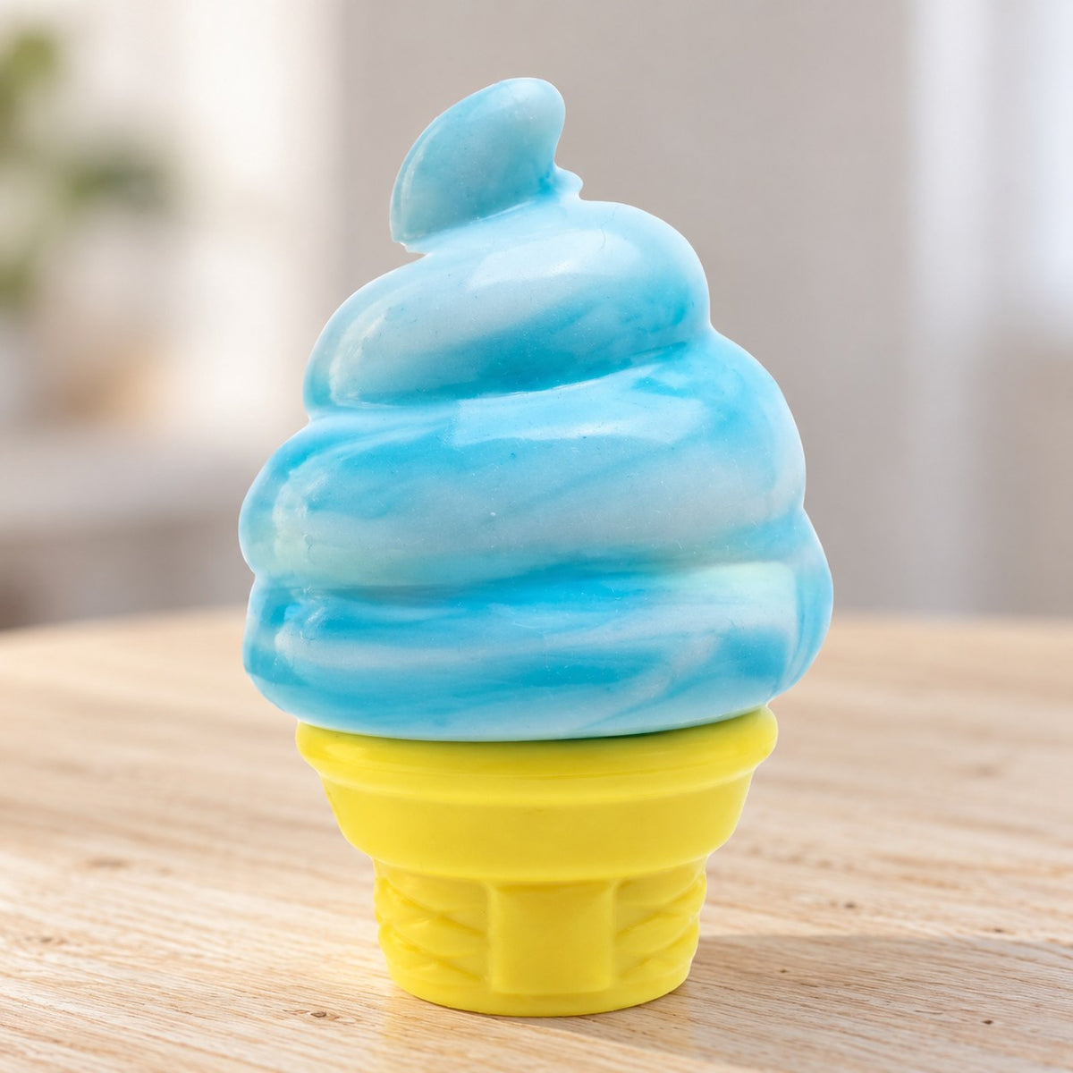 Ice Cream Cone Squishy, Stretchy Silicone (blue), close-up of the surface and details
