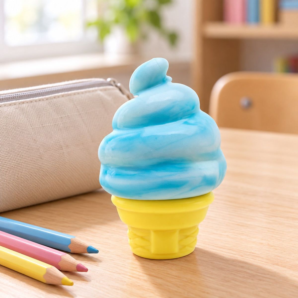 Ice Cream Cone Squishy, Stretchy Silicone (blue), on a school desk next to a pencil case