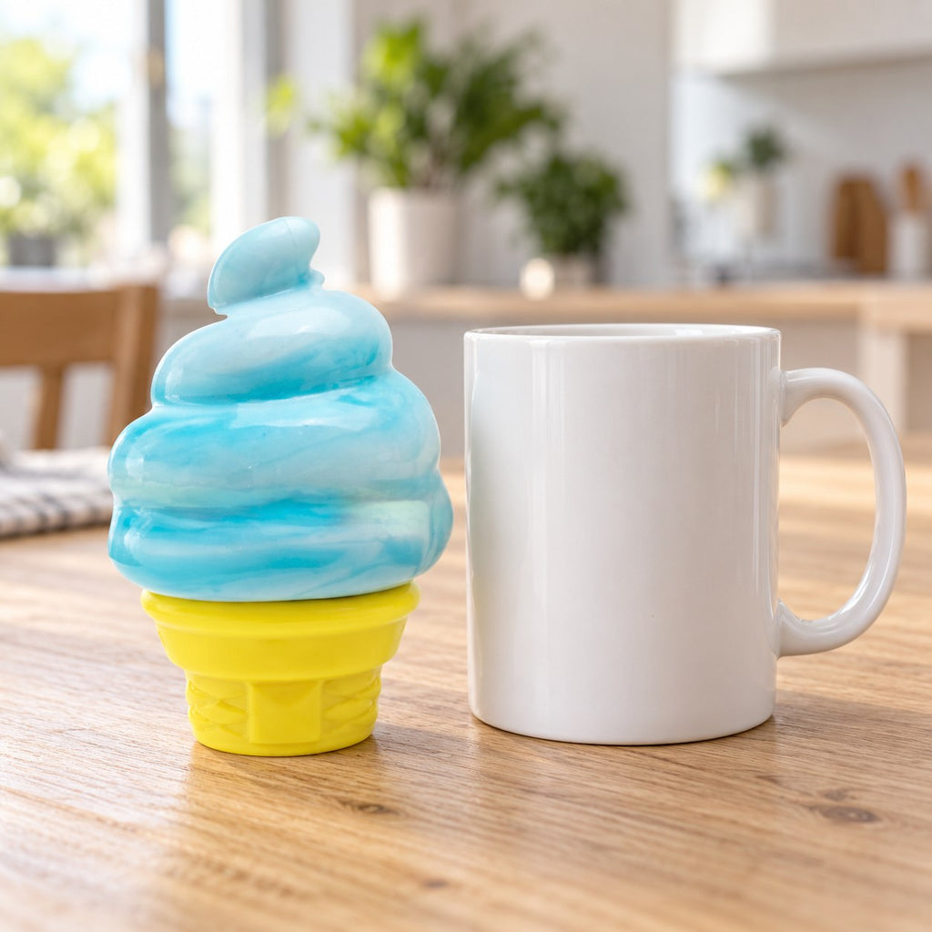 Ice Cream Cone Squishy, Stretchy Silicone (blue), next to a coffee mug for size comparison