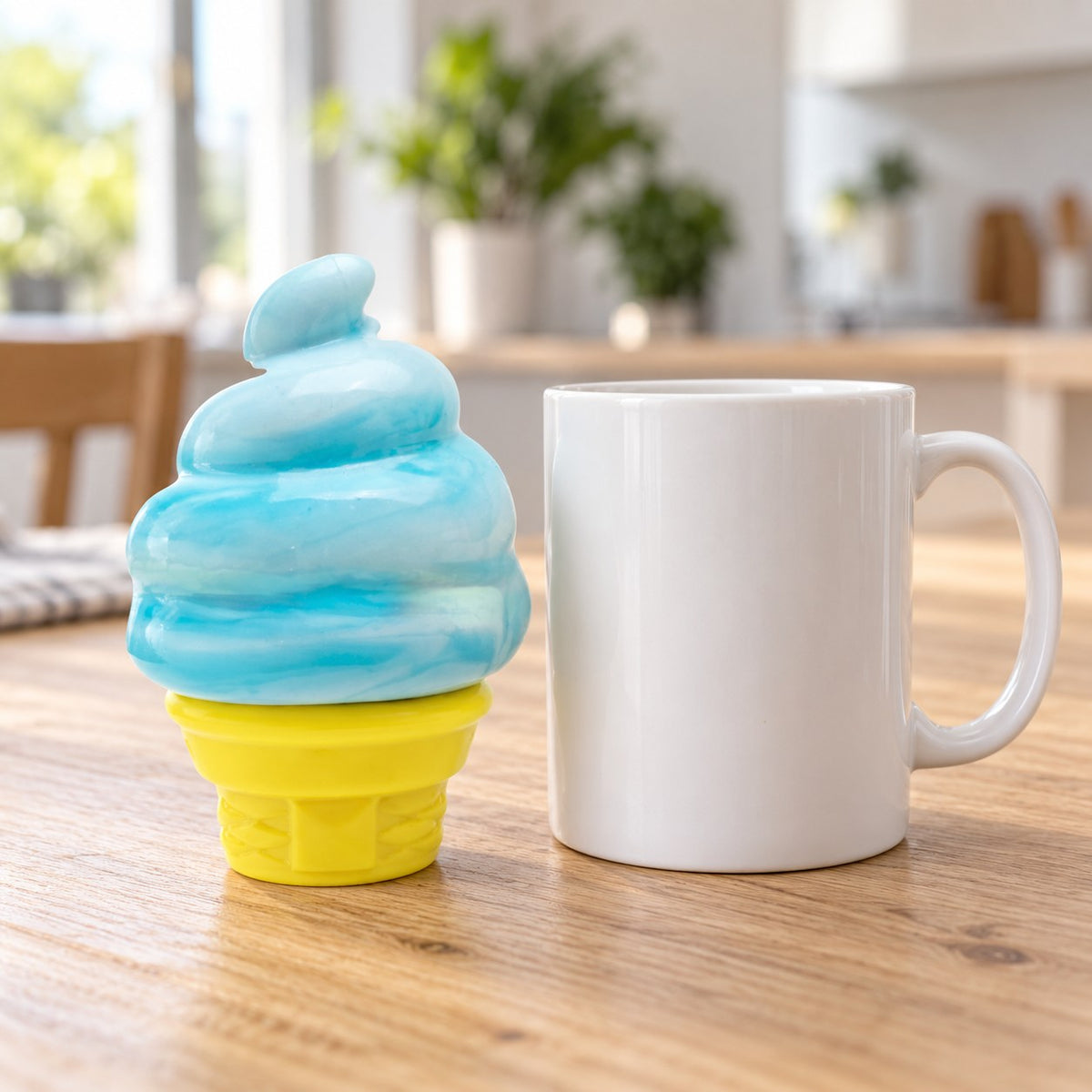 Ice Cream Cone Squishy, Stretchy Silicone (blue), next to a coffee mug for size comparison