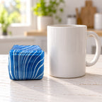 Ice Cube Squishy, 5 cm, Snowflake, Marble or Glitter (blue marble), next to a coffee mug for size comparison