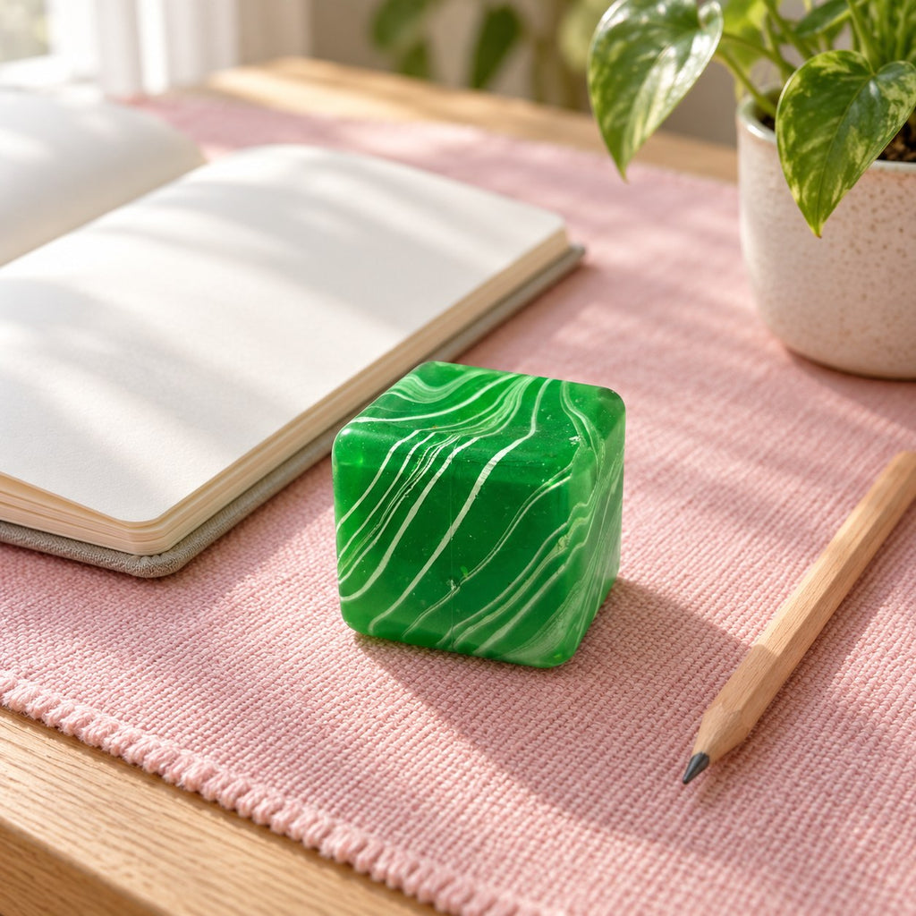 Ice cube squishy jelly (green marble), on a desk with a notebook and pencil