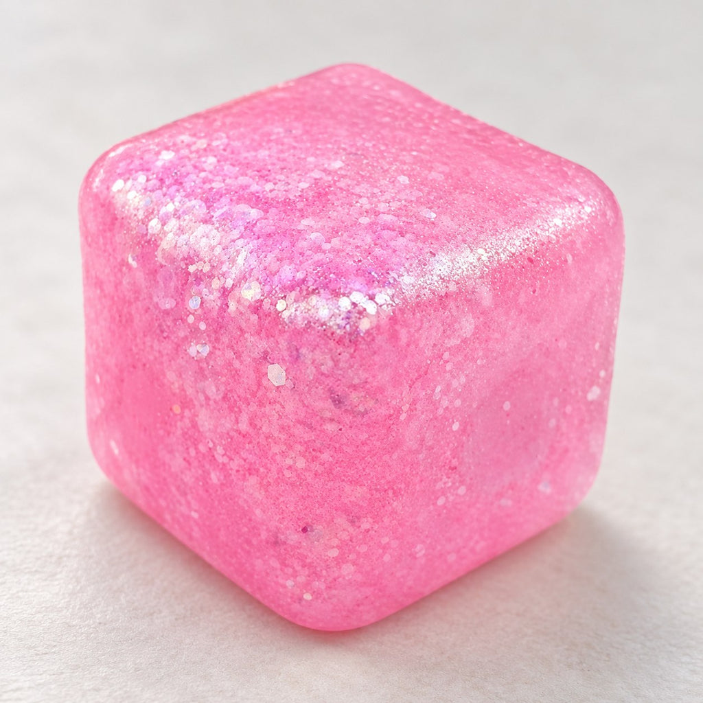 Ice Cube Squishy, 5 cm, Snowflake, Marble or Glitter (pink glitter), close-up of the glitter