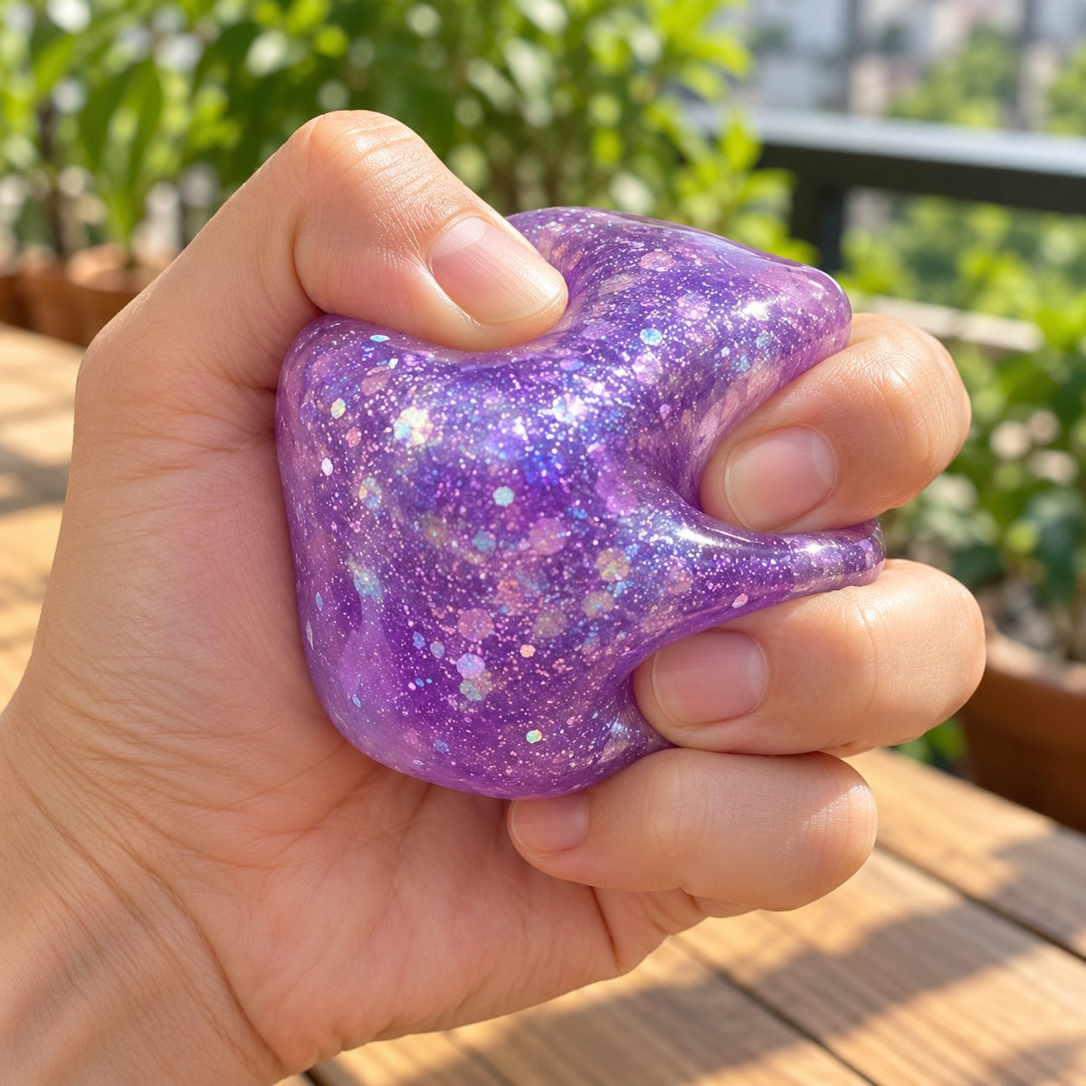 Ice cube squishy christmas (purple glitter), being squeezed by hand, soft and squishy