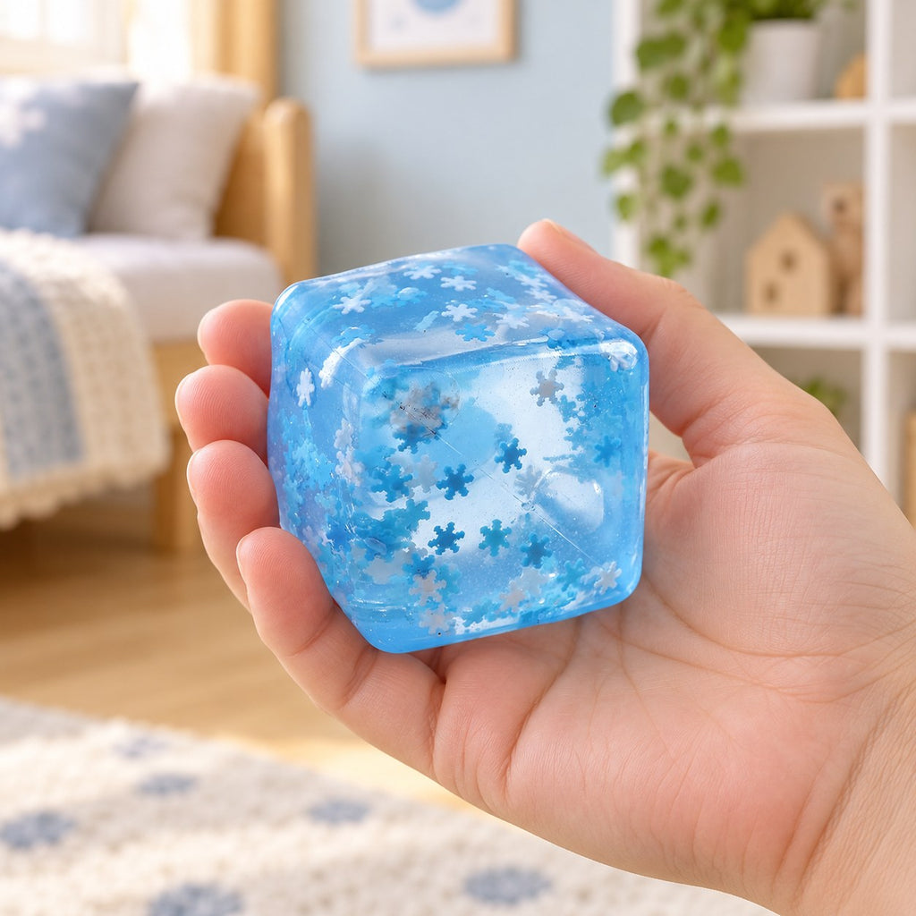 Ice Cube Squishy, 5 cm, Snowflake, Marble or Glitter, held in a hand to show the real size