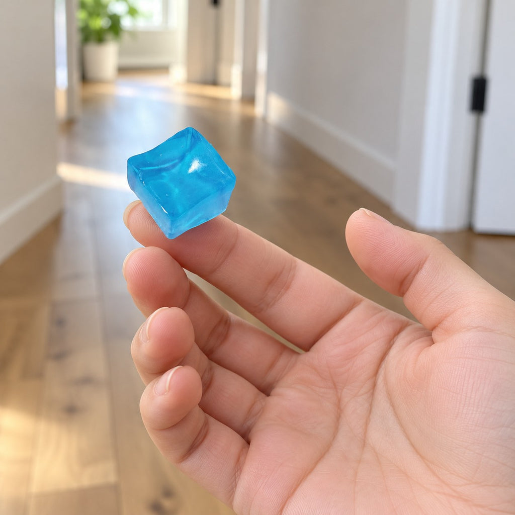 Mini Jelly Ice Cube Squishy, 2.5 cm (blue), held in a hand to show the real size