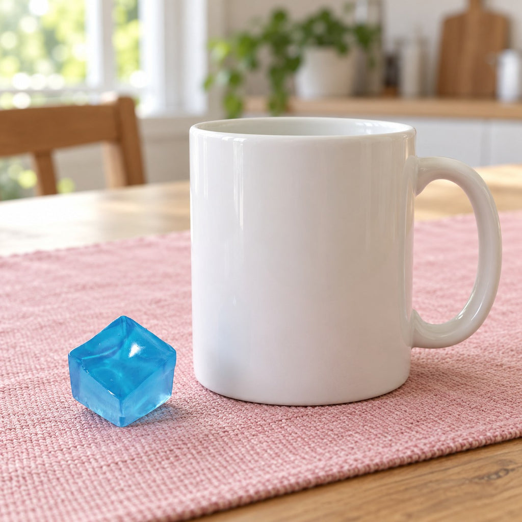 Mini Jelly Ice Cube Squishy, 2.5 cm (blue), next to a coffee mug for size comparison